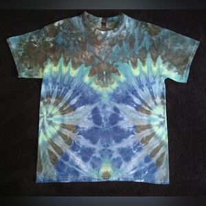 Black, Blue, Gray  & Yellow Side Spiral Ice Dye Tie Dye T Shirt ~ Sz L